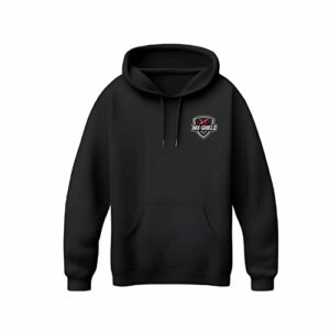 Black hoodie with a small logo on the chest.