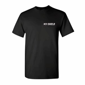 Black t-shirt with small white text on the chest.