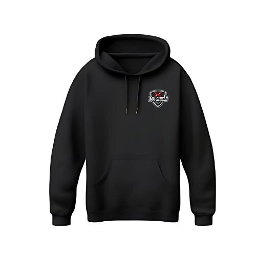 Black hoodie with a small logo on the chest.