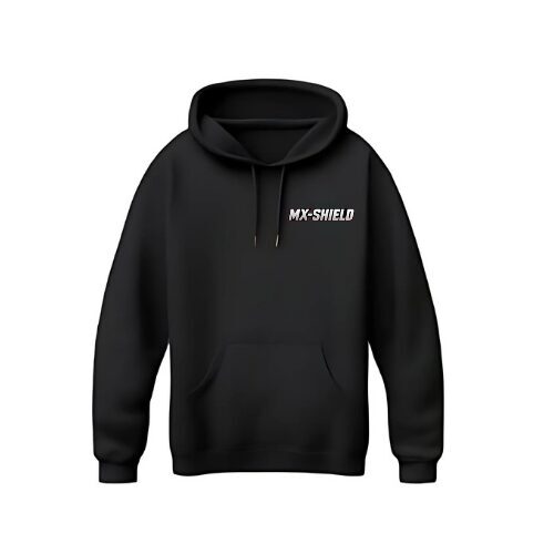 Black hoodie with white text on chest.