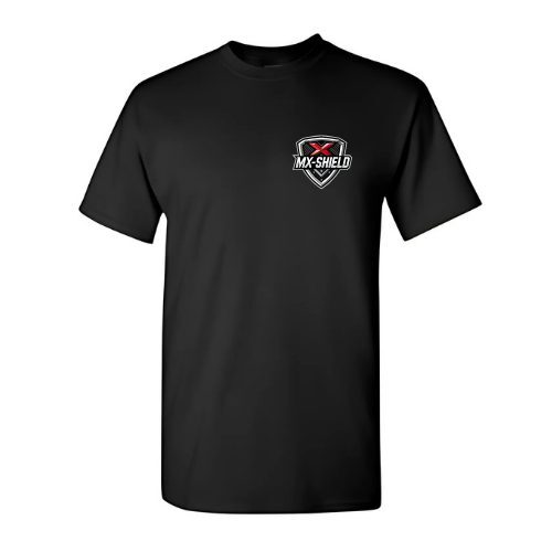 Black t-shirt with a small chest logo and a red heart graphic.