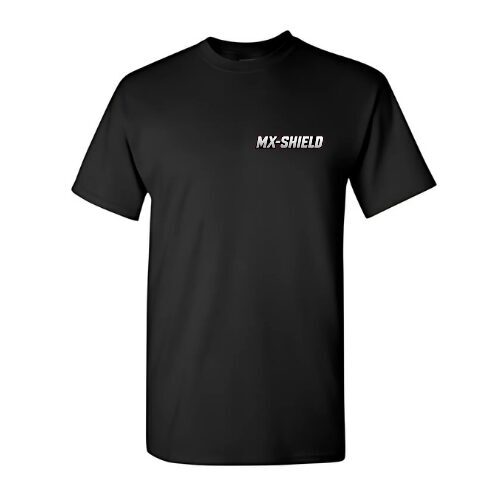 Black t-shirt with small white text on the chest.